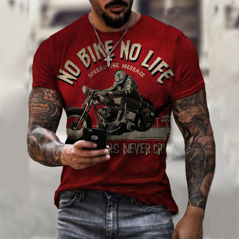 New Men's Motorcycle Imitation Cotton Casual Digital Printing Slim Pullover Men's T-Shirt