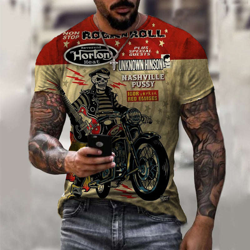 New Men's Motorcycle Imitation Cotton Casual Digital Printing Slim Pullover Men's T-Shirt