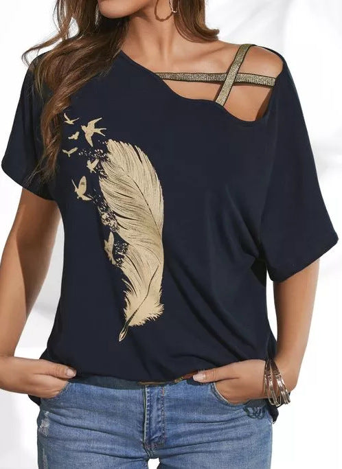 Summer Women's Sexy Loose Solid Color Printed Sling Sling Top T-Shirt