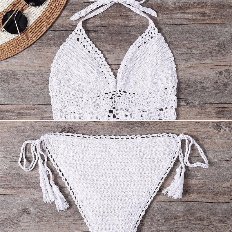 Handmade Crochet Women Bikini Set Knitting Swimsuit Swimwear Tassel Biquinis Bathing Suit White Black Knitted Beachwear