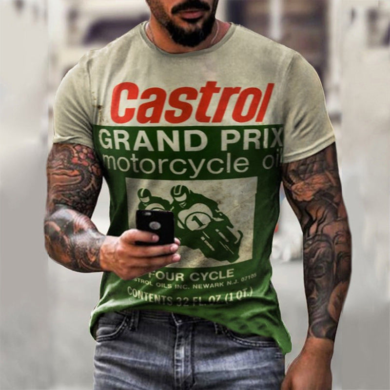 New Men's Motorcycle Imitation Cotton Casual Digital Printing Slim Pullover Men's T-Shirt