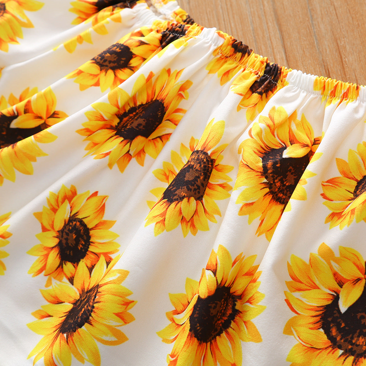 Girls' Flying Sleeves Woven Print Sunflower Brushed Denim Ripped Pants Bandana Three-piece Set Europe and America