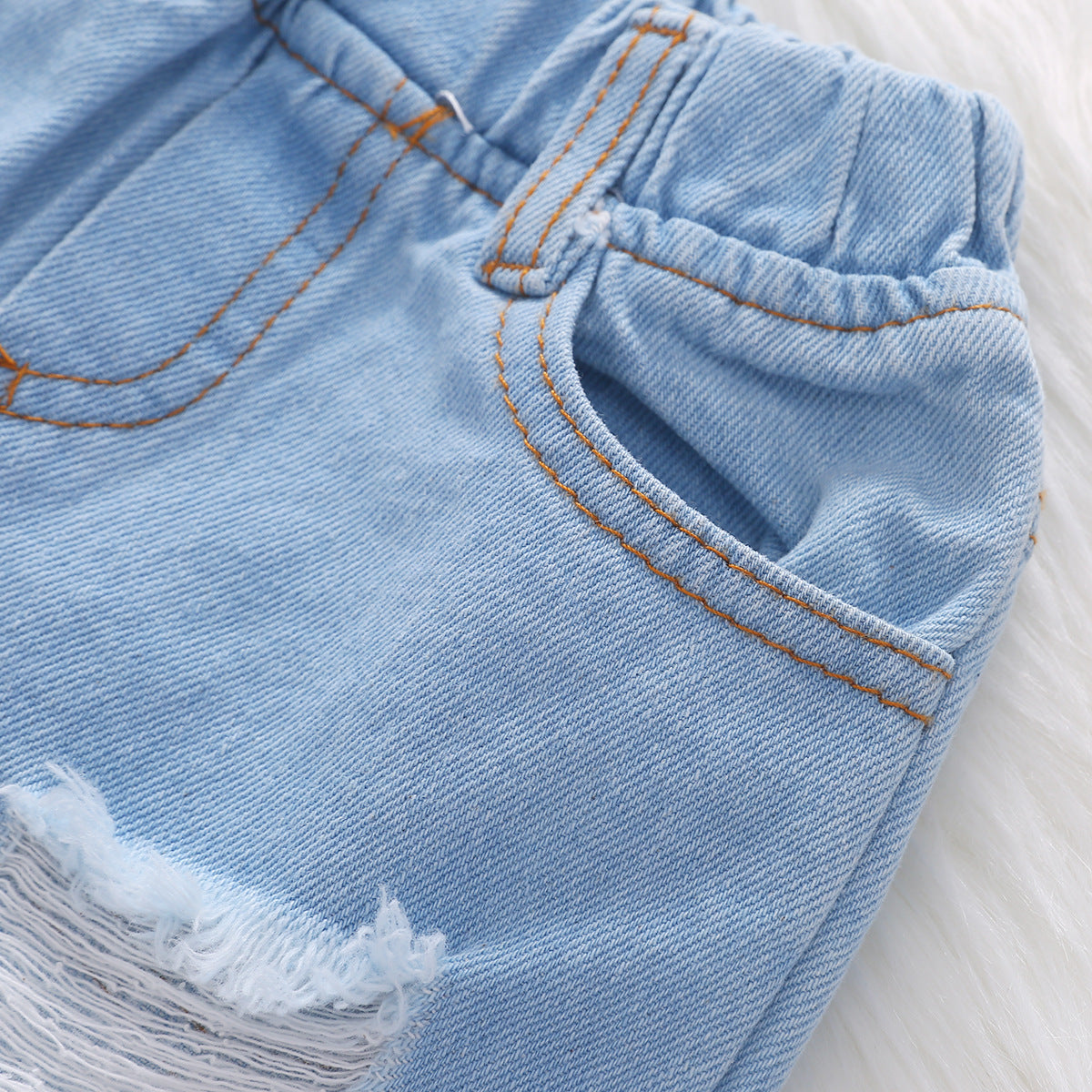 Girls' Flying Sleeves Woven Print Sunflower Brushed Denim Ripped Pants Bandana Three-piece Set Europe and America