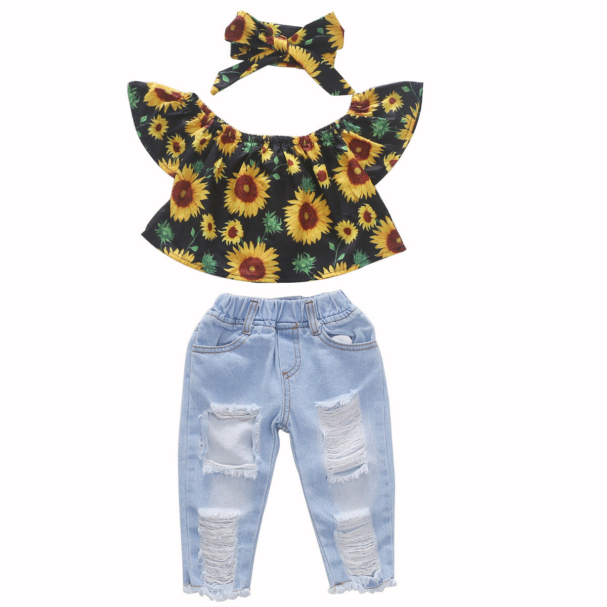 Girls' Flying Sleeves Woven Print Sunflower Brushed Denim Ripped Pants Bandana Three-piece Set Europe and America