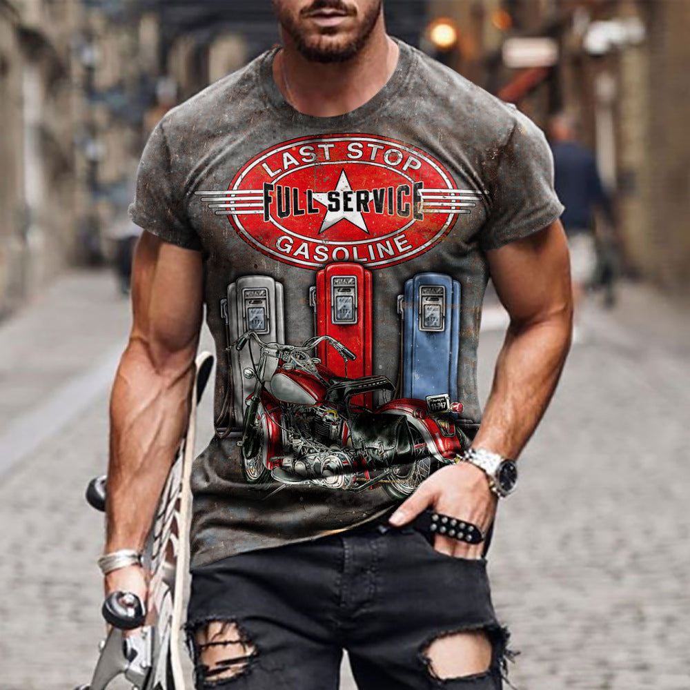 New Men's Motorcycle Imitation Cotton Casual Digital Printing Slim Pullover Men's T-Shirt