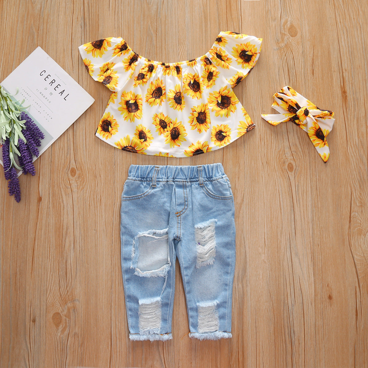 Girls' Flying Sleeves Woven Print Sunflower Brushed Denim Ripped Pants Bandana Three-piece Set Europe and America
