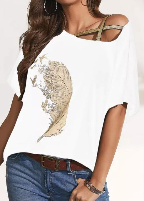 Summer Women's Sexy Loose Solid Color Printed Sling Sling Top T-Shirt