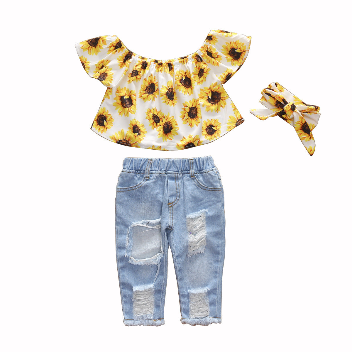 Girls' Flying Sleeves Woven Print Sunflower Brushed Denim Ripped Pants Bandana Three-piece Set Europe and America
