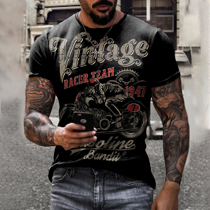 New Men's Motorcycle Imitation Cotton Casual Digital Printing Slim Pullover Men's T-Shirt