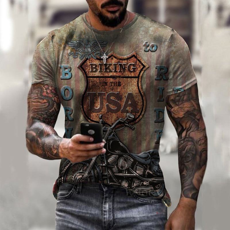 New Men's Motorcycle Imitation Cotton Casual Digital Printing Slim Pullover Men's T-Shirt