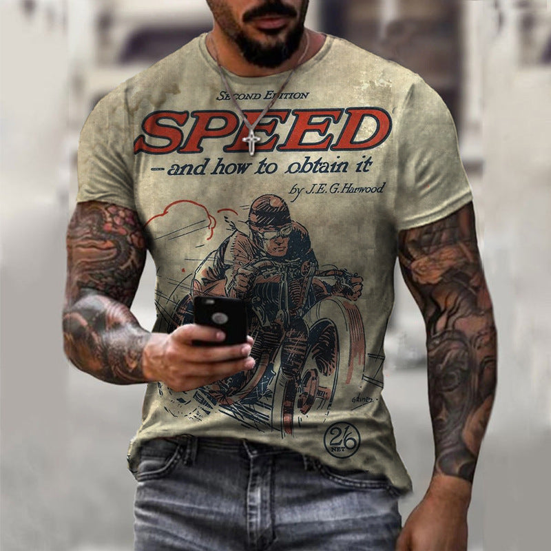 New Men's Motorcycle Imitation Cotton Casual Digital Printing Slim Pullover Men's T-Shirt