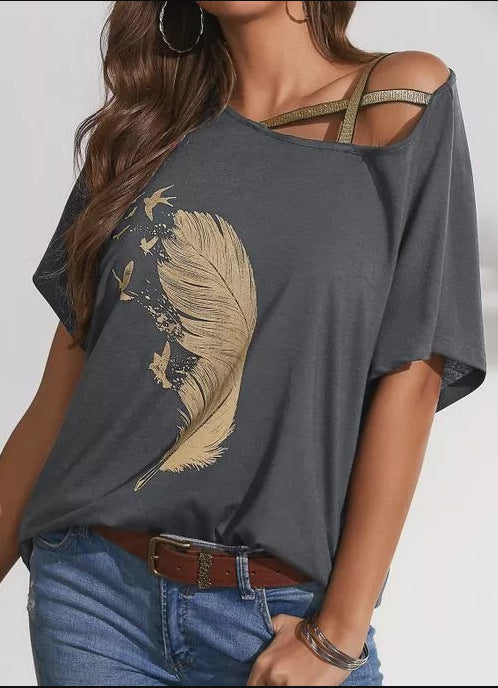 Summer Women's Sexy Loose Solid Color Printed Sling Sling Top T-Shirt