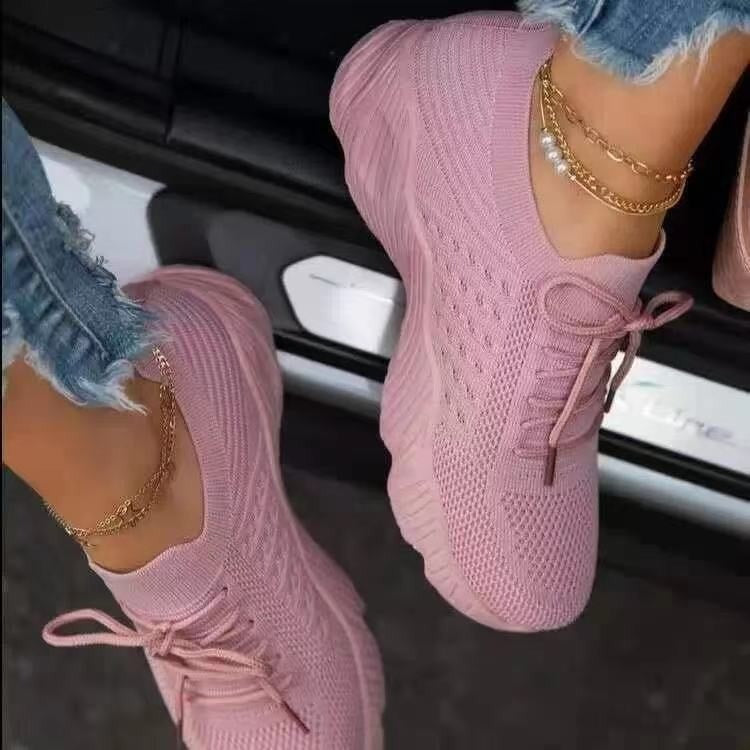 New big size women's sneakers women's lace mesh thick sole flying woven shoes breathable