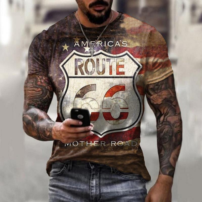 Summer New Men's T-Shirt Oversized Loose Clothes Retro Short Sleeve Fashion US Route 66 Letter Print