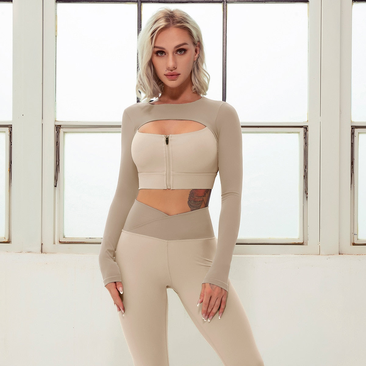 2 Pieces Seamless Yoga Set Sexy Zipper Long Sleeve High Waist Leggings Workout Clothes For Women Sportwear Gym Fitness Sport Set