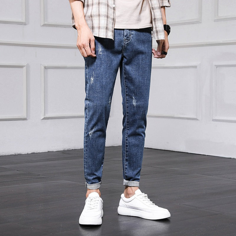 New Fashion Men's Jeans Nine Part Simple Casual Men's Trousers Small Feet Thin Korean Pants