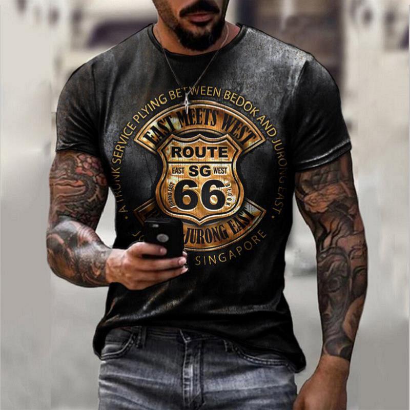 Summer New Men's T-Shirt Oversized Loose Clothes Retro Short Sleeve Fashion US Route 66 Letter Print