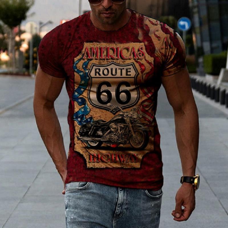 Summer New Men's T-Shirt Oversized Loose Clothes Retro Short Sleeve Fashion US Route 66 Letter Print