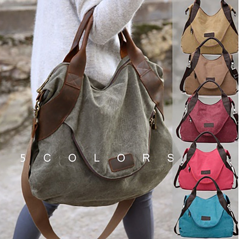 Kvky Brand Large Pocket Casual Tote Women's Handbag Shoulder Handbags Canvas Leather Capacity Bags For Women