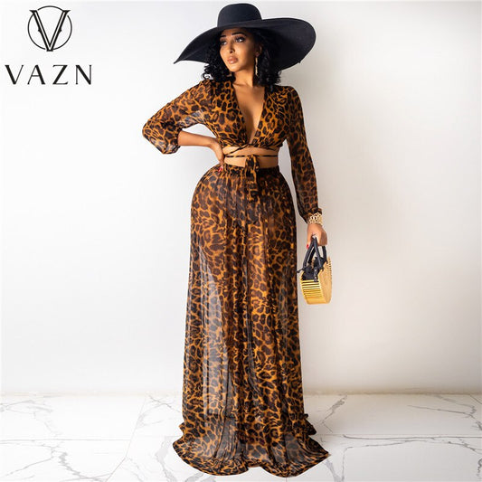 VAZN Spring and Summer European and American Women's Leopard Print Chiffon Print Skirt Set of 2 Pieces (Without Underwear)