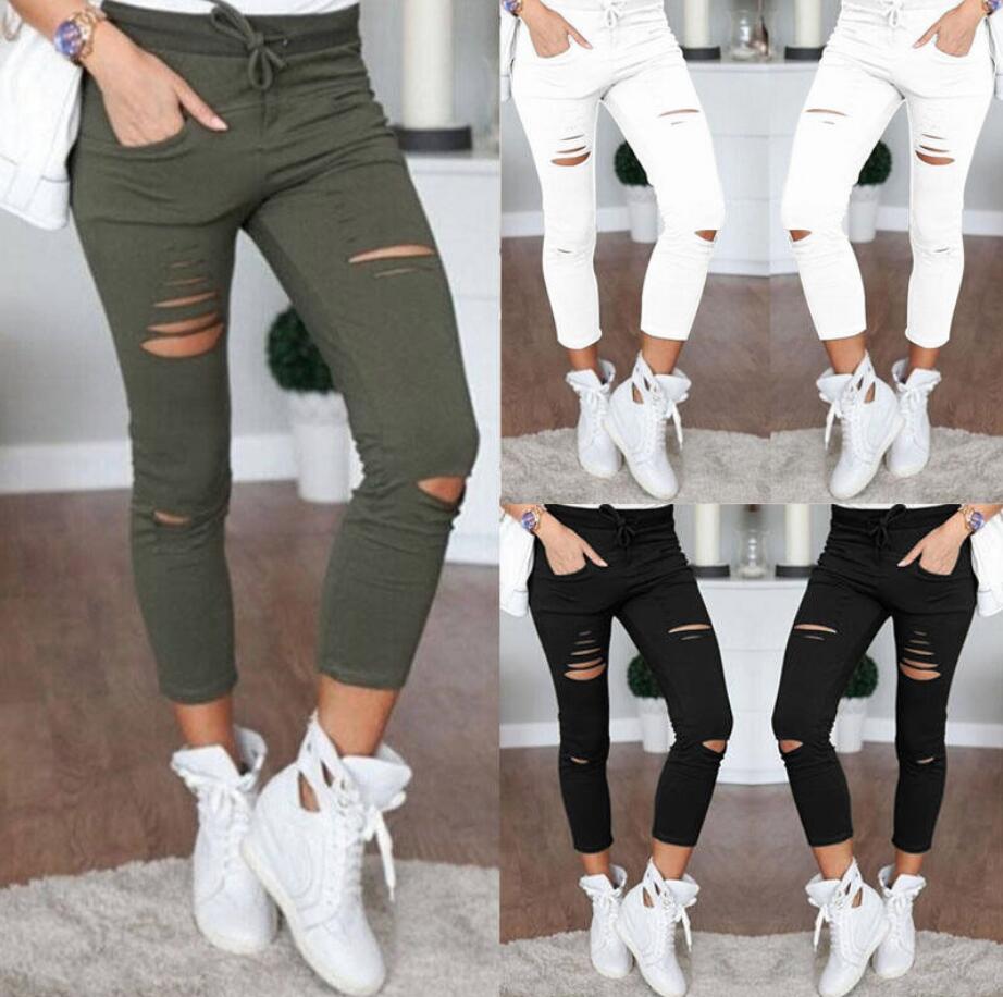 Skinny Jeans Women Denim Pants Holes Destroyed Knee Pencil Pants Casual Trousers Black White Stretch Ripped Jeans