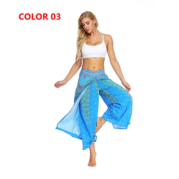 Women's Yoga Mandala Open Leg Pants Comfort Wide Leg Gypsy Hippie Aladdin Bohemian Pants Printed Thai Split Leg Harem Pants