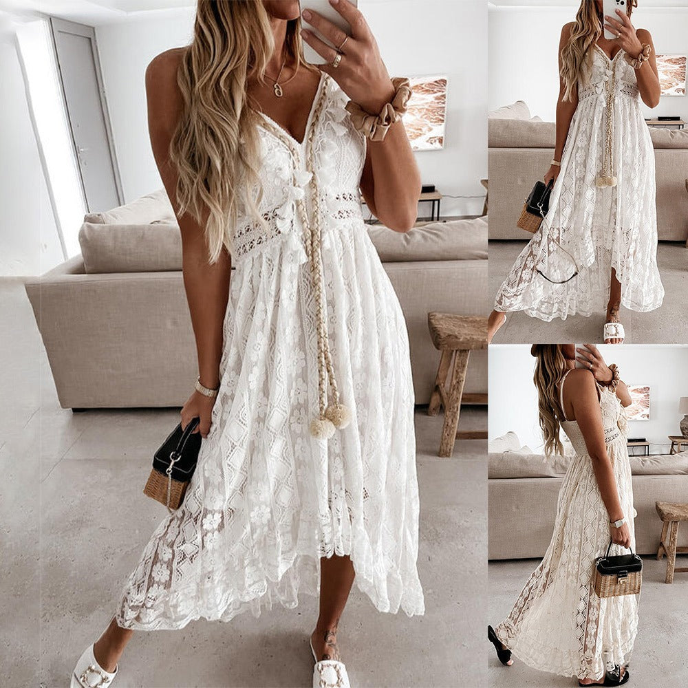 V-neck white lace irregular long dress for women