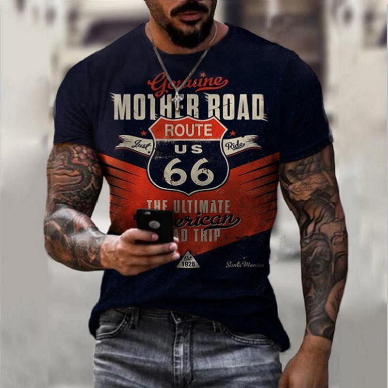 Summer New Men's T-Shirt Oversized Loose Clothes Retro Short Sleeve Fashion US Route 66 Letter Print