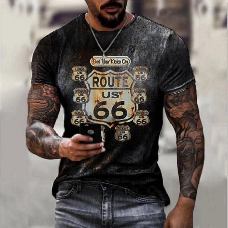 Summer New Men's T-Shirt Oversized Loose Clothes Retro Short Sleeve Fashion US Route 66 Letter Print