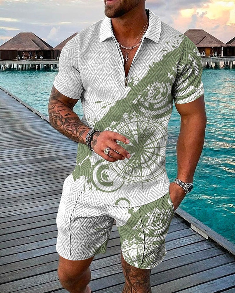 New Men's Fashion Casual Suit 3D Print Zip Short Sleeve Polo Shirt Shorts 2 Piece Set