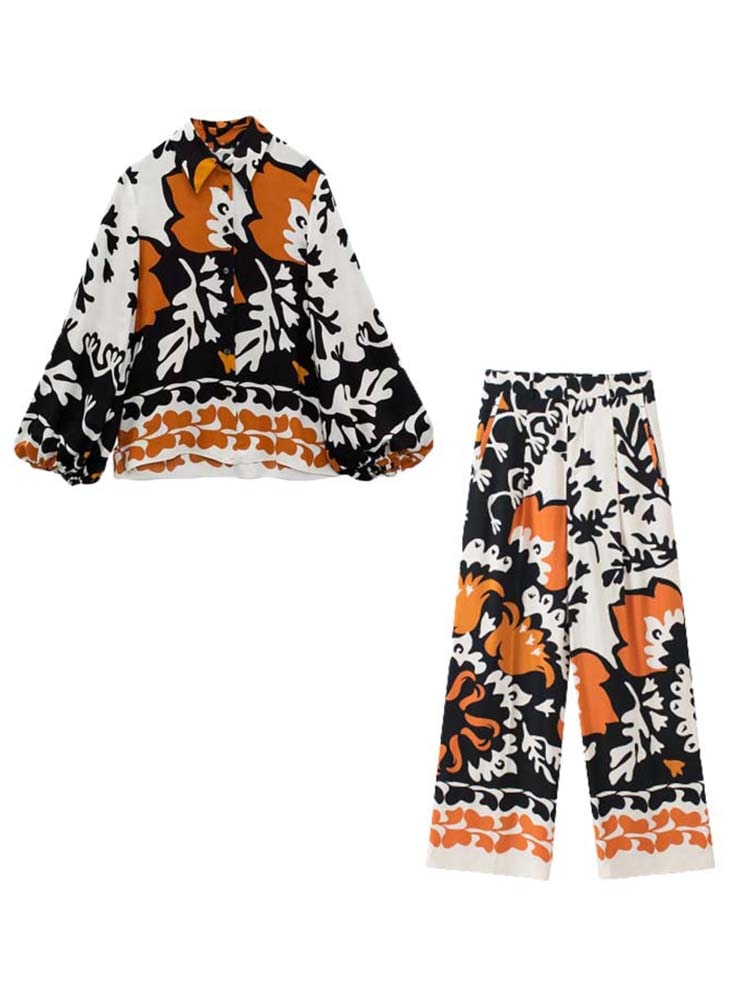 Pants Set Woman 2 Pieces Fashion Printed Shirt Casual Long Sleeve Top Women Pants Sets Ladies Suit