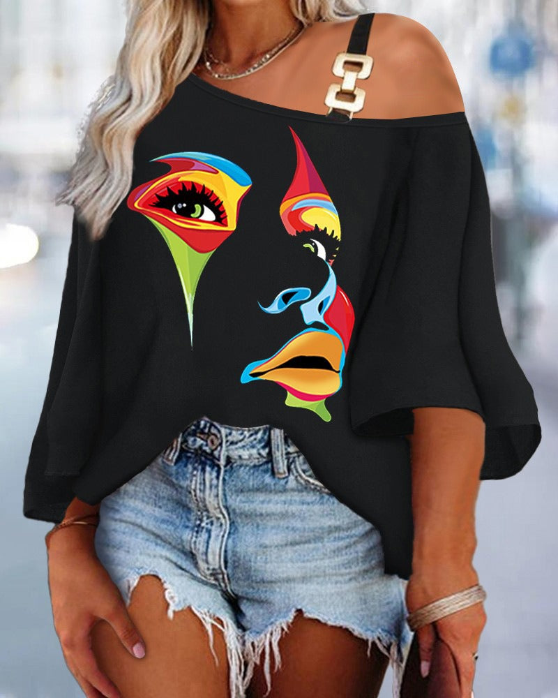 New European and American Fashion Patchwork Loose Casual Top Women's Printed T-Shirt