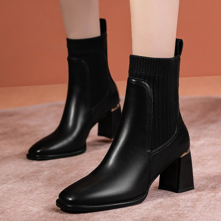 Spring, Autumn, and Winter New Women's Boots Thick Heel Square Head Short Boots Women's High Heel Knitted Woolen Socks Boots Elastic Martin Boots