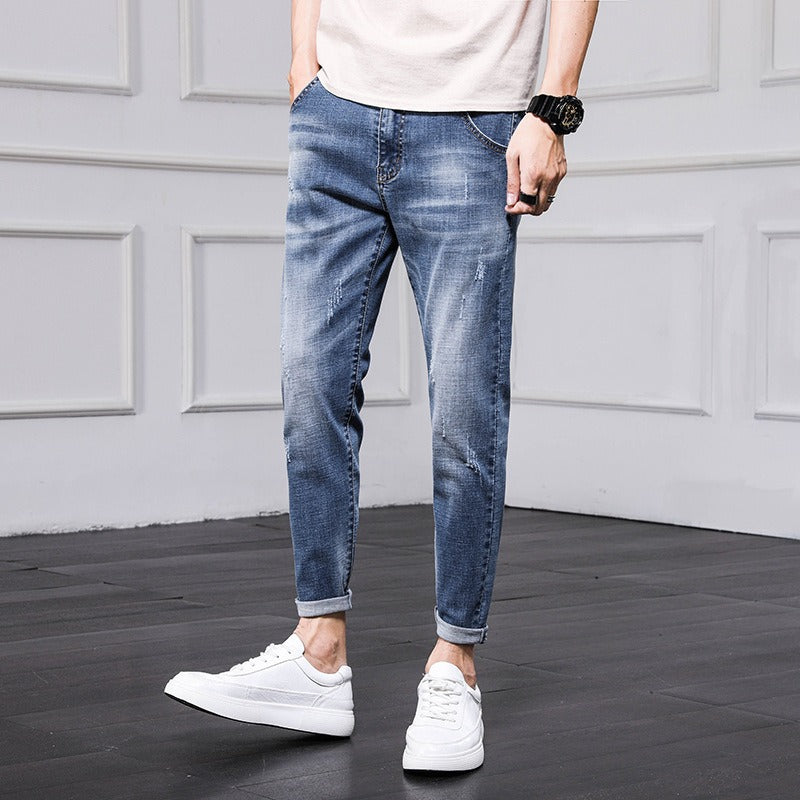 New Fashion Men's Jeans Nine Part Simple Casual Men's Trousers Small Feet Thin Korean Pants