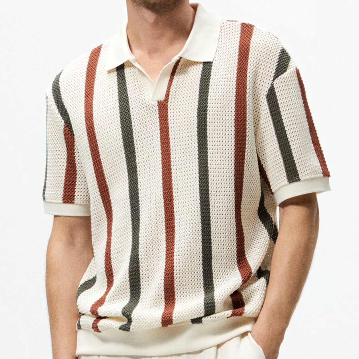 Thick needle hollowed out knit shirt with striped contrasting color woolen casual polo shirt as a Father's Day gift