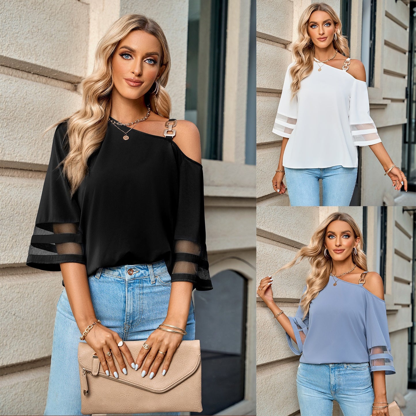Spring And Summer New Women's Casual Solid Metal Button One Shoulder Blouse