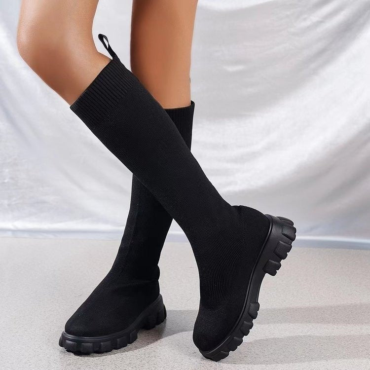 Large size woven mid length socks and boots for women in autumn and winter, European and American fashion new round toe thick heel woolen boots