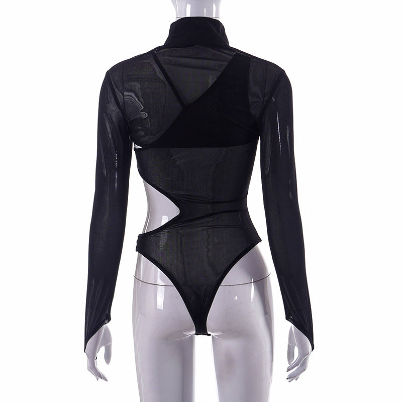 Spring New Fashion Sexy Mesh Perspective Tight Long Sleeve Bodysuit