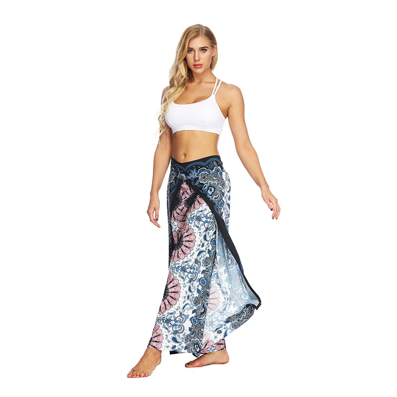 Women's Yoga Mandala Open Leg Pants Comfort Wide Leg Gypsy Hippie Aladdin Bohemian Pants Printed Thai Split Leg Harem Pants