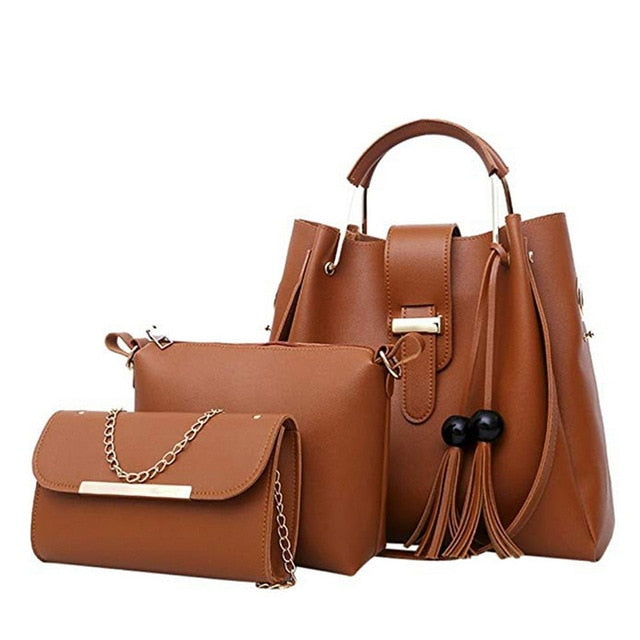 Laamei 3Pcs/Sets Women Handbags Leather Shoulder Bags Female Casual Tote Bag Tassel Bucket Purses Handbags Sac Femme