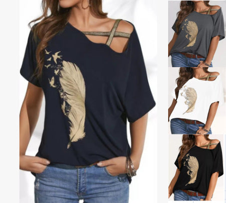 Summer Women's Sexy Loose Solid Color Printed Sling Sling Top T-Shirt