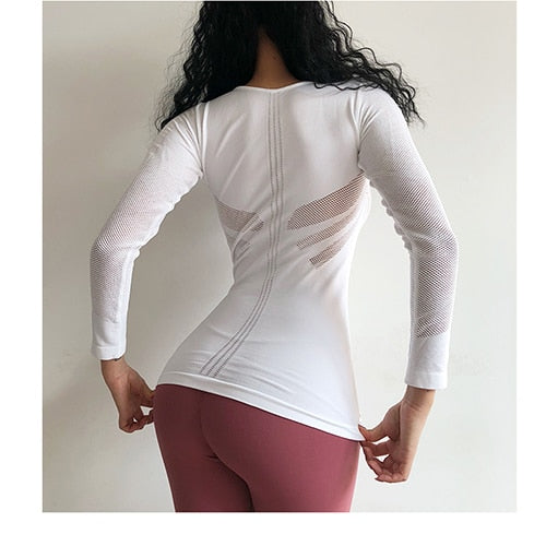 Women Sexy body-building Fitness T shirt long sleeves sports T-shirt black seamless Running shirt yoga top Gym clothes