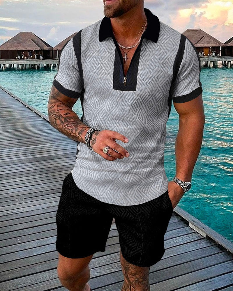 New Men's Fashion Casual Suit 3D Print Zip Short Sleeve Polo Shirt Shorts 2 Piece Set