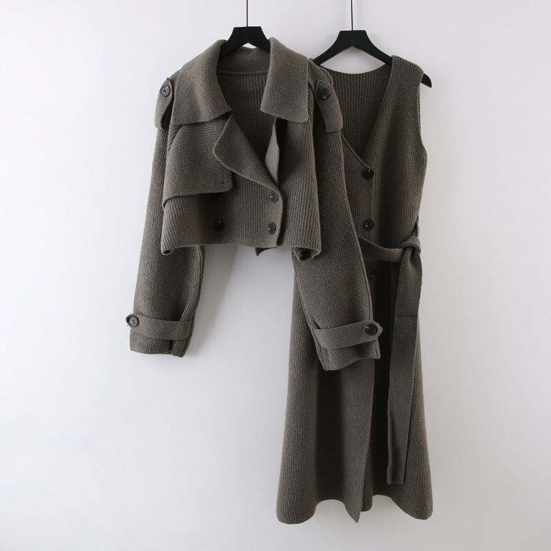 Fashion Knitted 2 Pieces Set For Women Lapel Single Breasted Long Sleeves Patchwork Coat Straight Belt Dresses