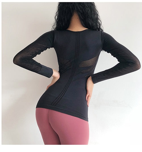 Women Sexy body-building Fitness T shirt long sleeves sports T-shirt black seamless Running shirt yoga top Gym clothes