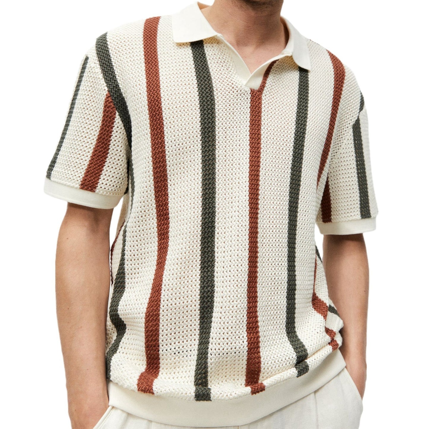 Thick needle hollowed out knit shirt with striped contrasting color woolen casual polo shirt as a Father's Day gift