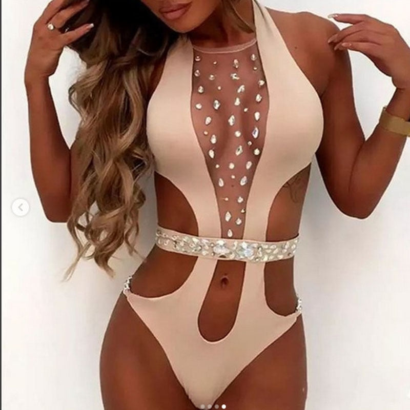 Spring Luxury Crystal Sexy Bodysuit Deep V Diamond Fixed Women Bikini Push Up Vintage Swimwear Holiday Bathing Suit