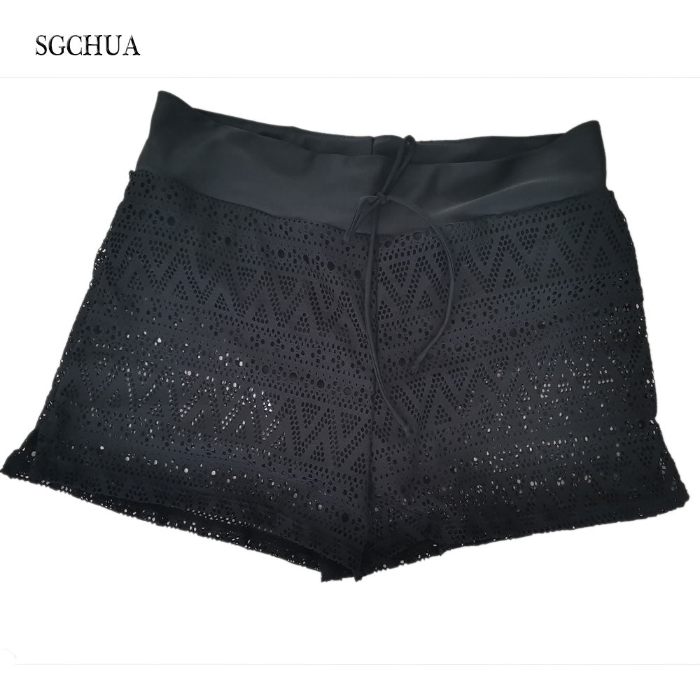 SGCHUA Sexy Black Mesh women's swimming trunks Plus Size  Blue Lace swimsuit bottom Fat Swim shorts Boxer Briefs New Panties