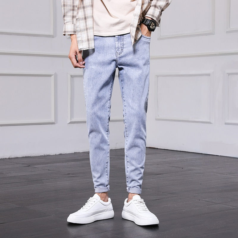 New Fashion Men's Jeans Nine Part Simple Casual Men's Trousers Small Feet Thin Korean Pants