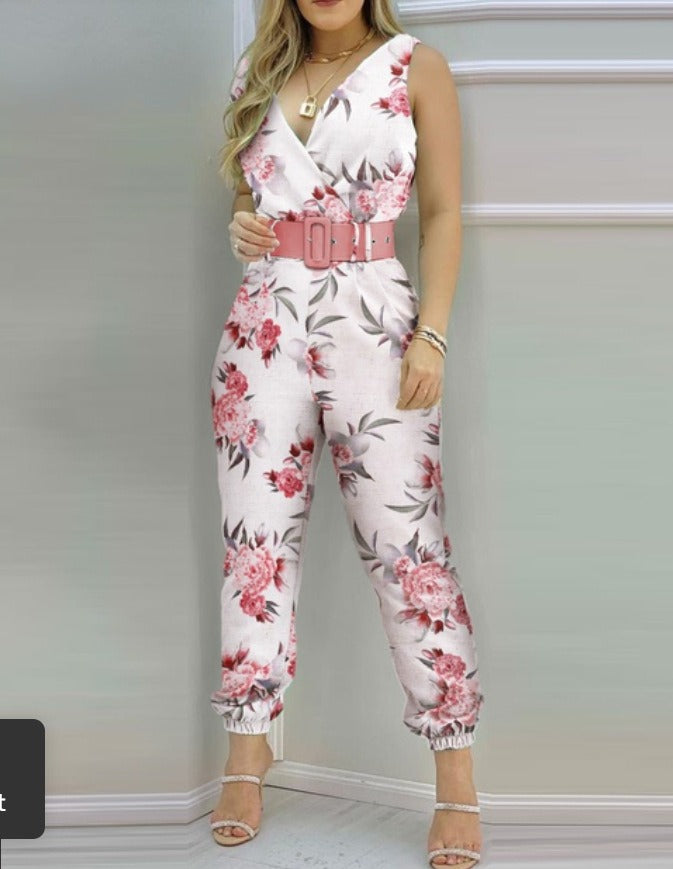 New European and American Womens Printed Jumpsuit Pants With Belt